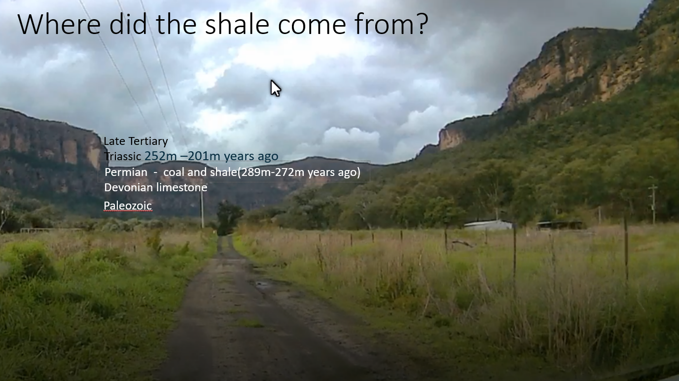 Photo of eastern end of the Capertee valley with text showing approximate position and age of the 5 strata layers(Late tertiary, Triassic- 201m years ago, Permian(272m -289m years ago) Devonian and Palaeozoic.