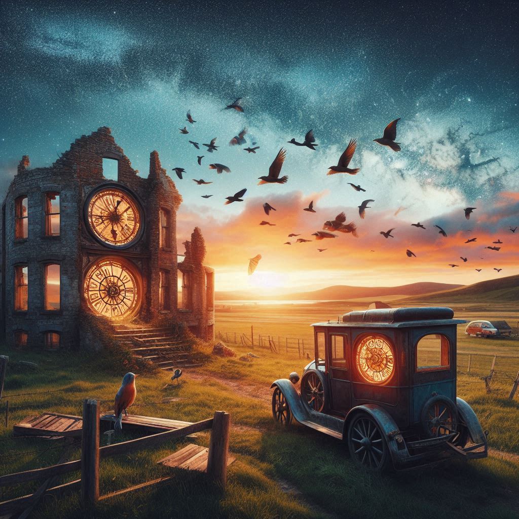 A computer graphics picture of a time machine in the form of a car in the countryside with mountains, ruins. vintage car and birds flying around in the sunset and stars in the sky.