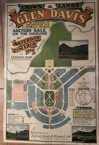 Crown lands Auction sale sign for Glen Davis on Saturday, 12th March 1940. Auctioneers Richardson and Wrench. It had notes and terms of sale displayed on the sign. It also displayed Glen Davis town plan, designed by A Cooke of the State Works and Local Government department.