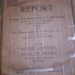 Brown cover of the Newnes Investigation Committee report, courtesy of Scott Agnew. The cover has a brown double line frame around the edge of the cover. The book is printed with the following text “1934 LEGISLATIVE ASSEMBLY. NEWNES INVESTIGATION COMMITTEE REPORT to Senator The Honourable A. J. McLachlan Minister in Control of Development for the Commonwealth of Australia and to The Honourable R. S. Vincent, M.L.A., Minister for Mines of the State of New South Wales on the NEWNES – CAPERTEE OIL PROJECT TOGETHER WITH SELECTED APPENDICES. Printed under No. 1 report from the Printing Committee, 3 May 1934 At the bottom it has the words “Sydney Government Printer 1934.”