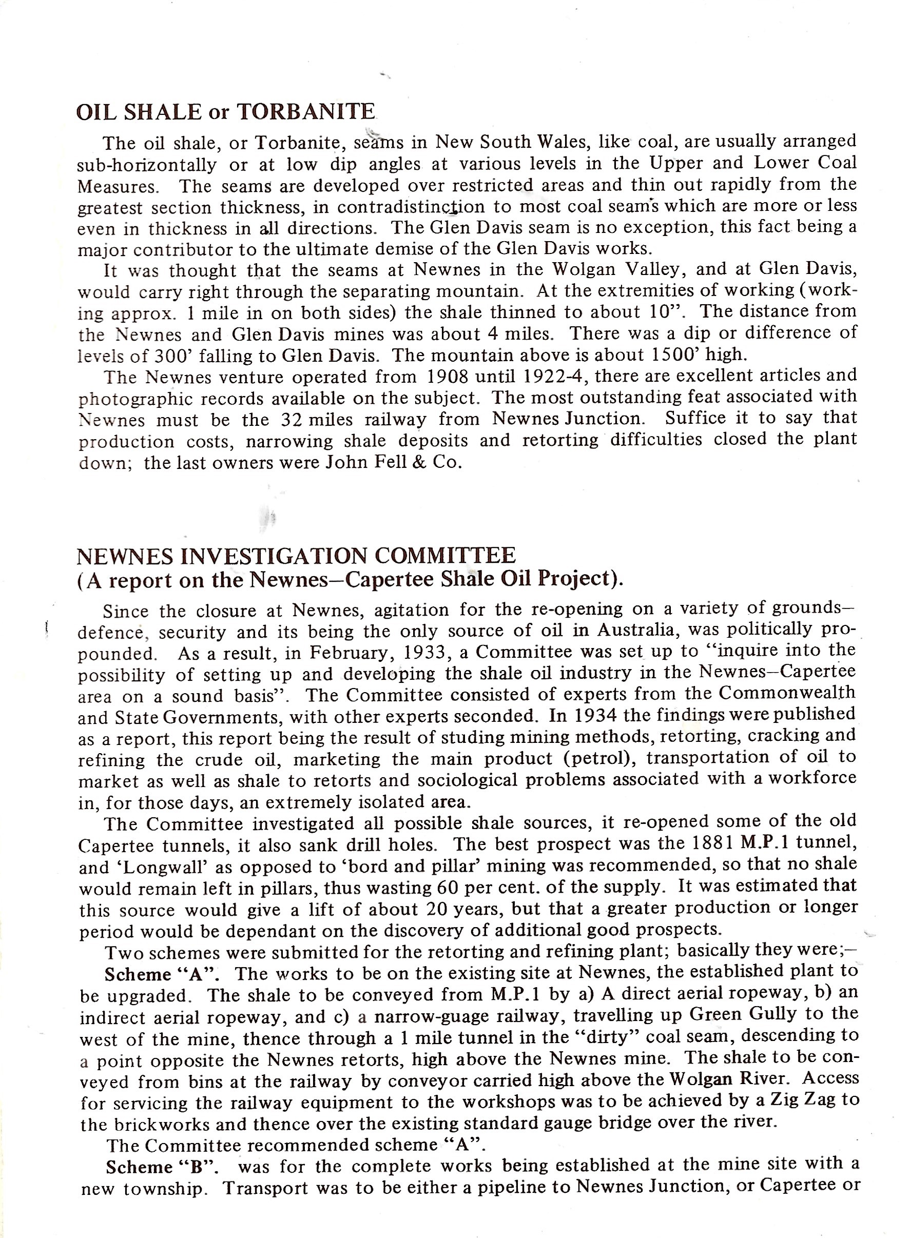 Page 2 of Glen Davis History as set out in a Painted Horse Ranch publication. It talks oil shale/torbanite and Newnes Investigation committee.