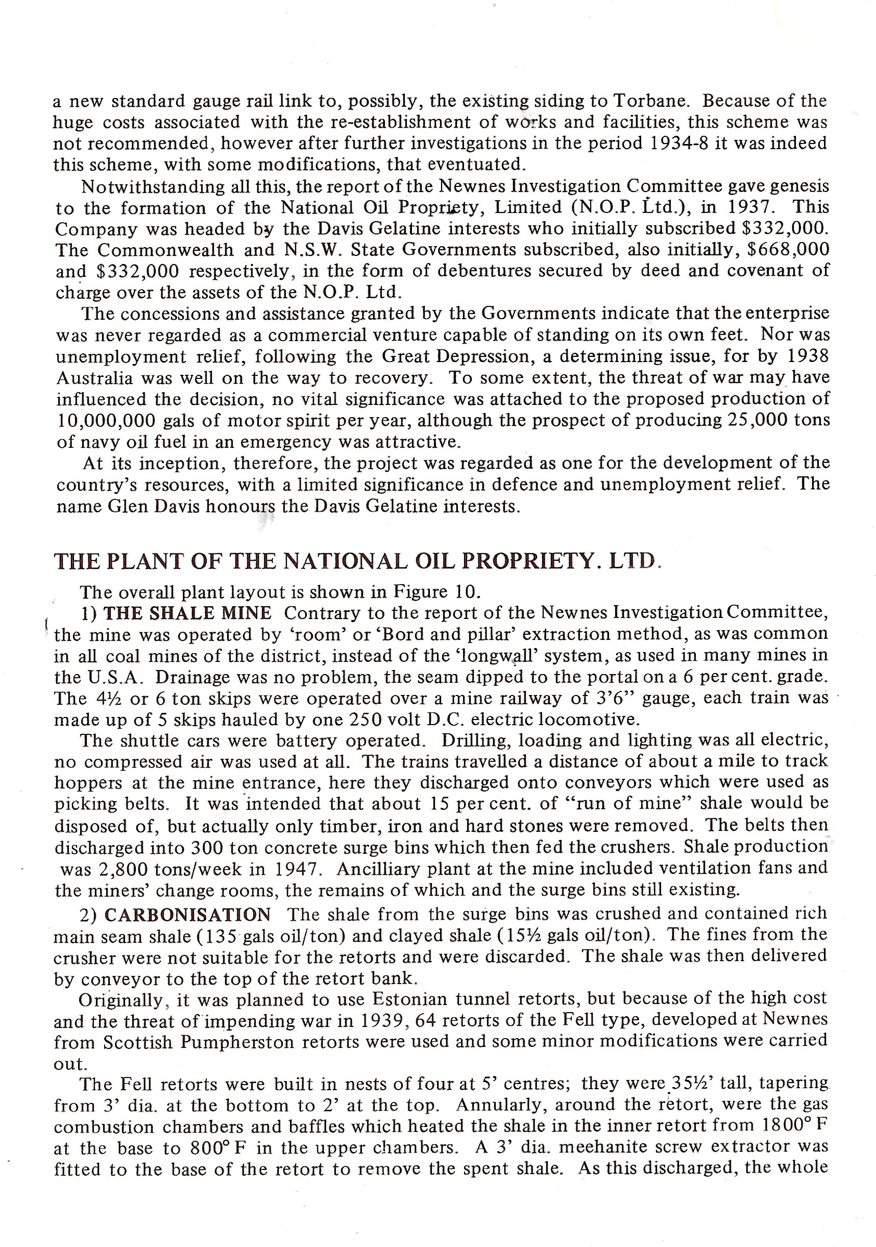 Page 3 of Glen Davis History as set out in a Painted Horse Ranch publication. It continues with Newnes Investigation committee and talks about the plant of National Oil Proprietary Ltd.