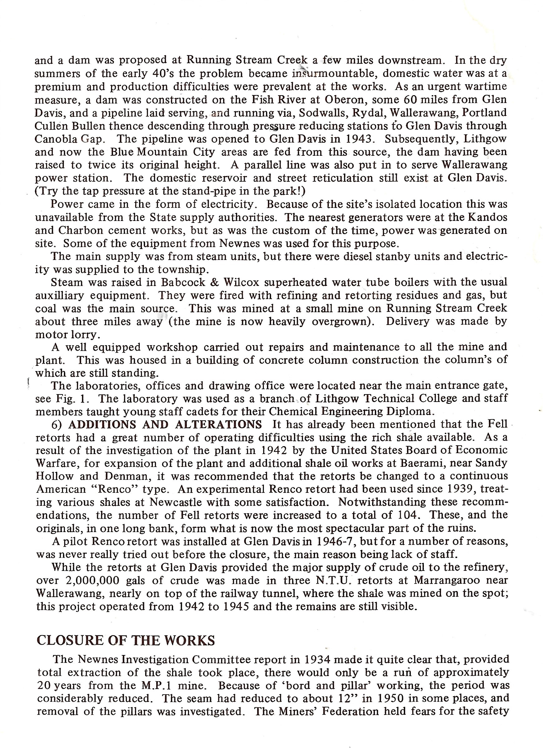 Page 5 of Glen Davis History as set out in a Painted Horse Ranch publication. It continues with the plant of National Oil Proprietary Ltd and talks the closure of the works.
