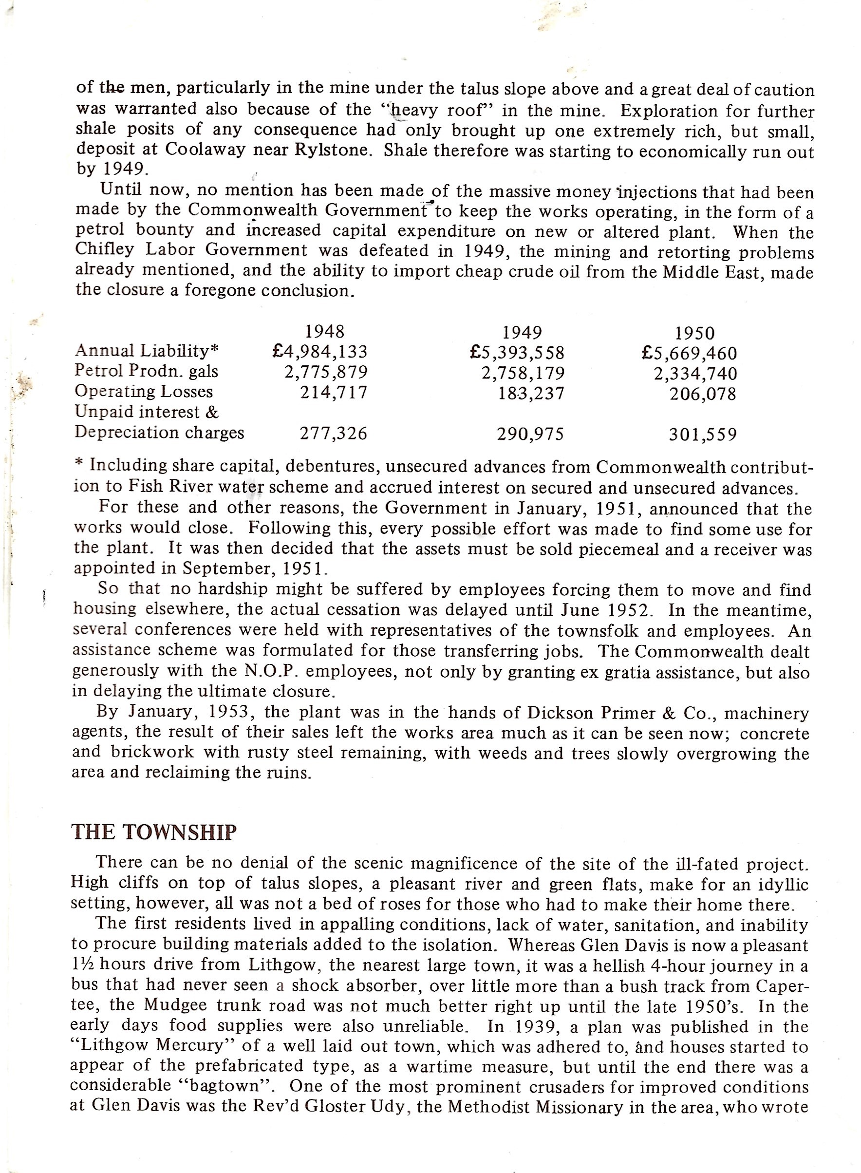 Page 6 of Glen Davis History as set out in a Painted Horse Ranch publication. It continues with the closure of the works and the Glen Davis Township.