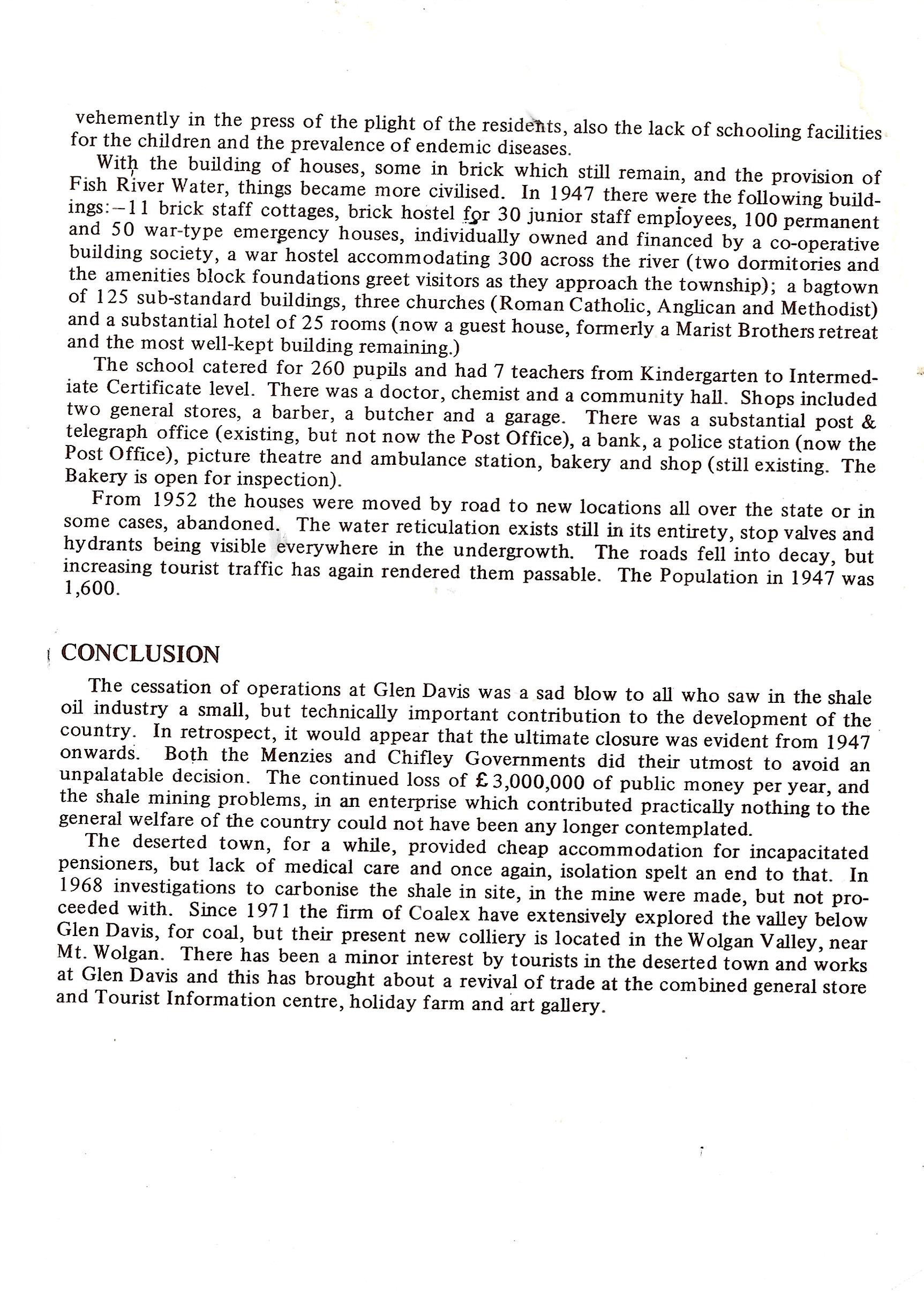 Page 7 of Glen Davis History as set out in a Painted Horse Ranch publication. It continues with the Glen Davis Township and provides a conclusion to the history and oil shale in the valley.
