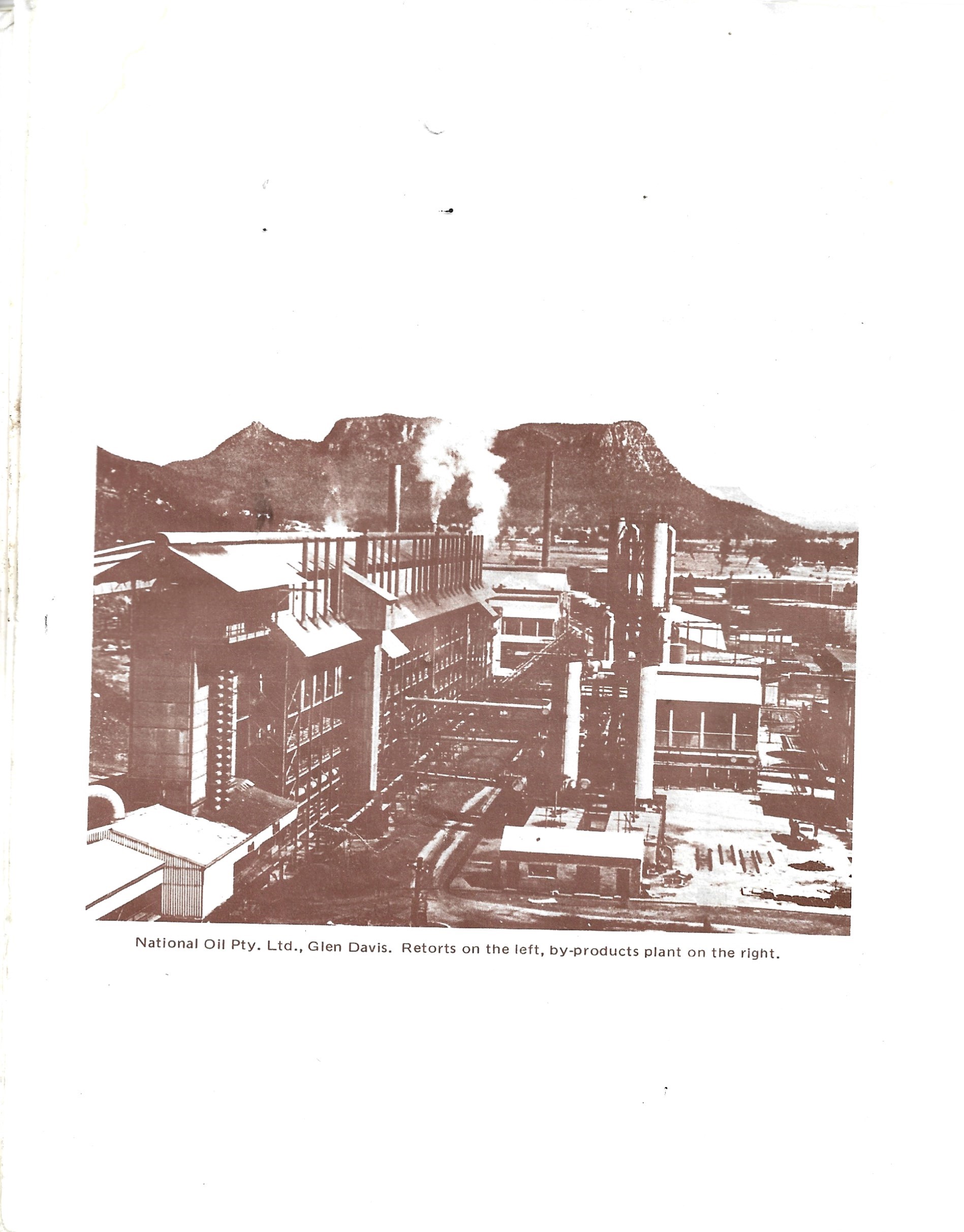Last page of Glen Davis History as set out in a Painted Horse Ranch publication. It shows the retort and by products building in the foreground and Mount Gundangaroo in the background.