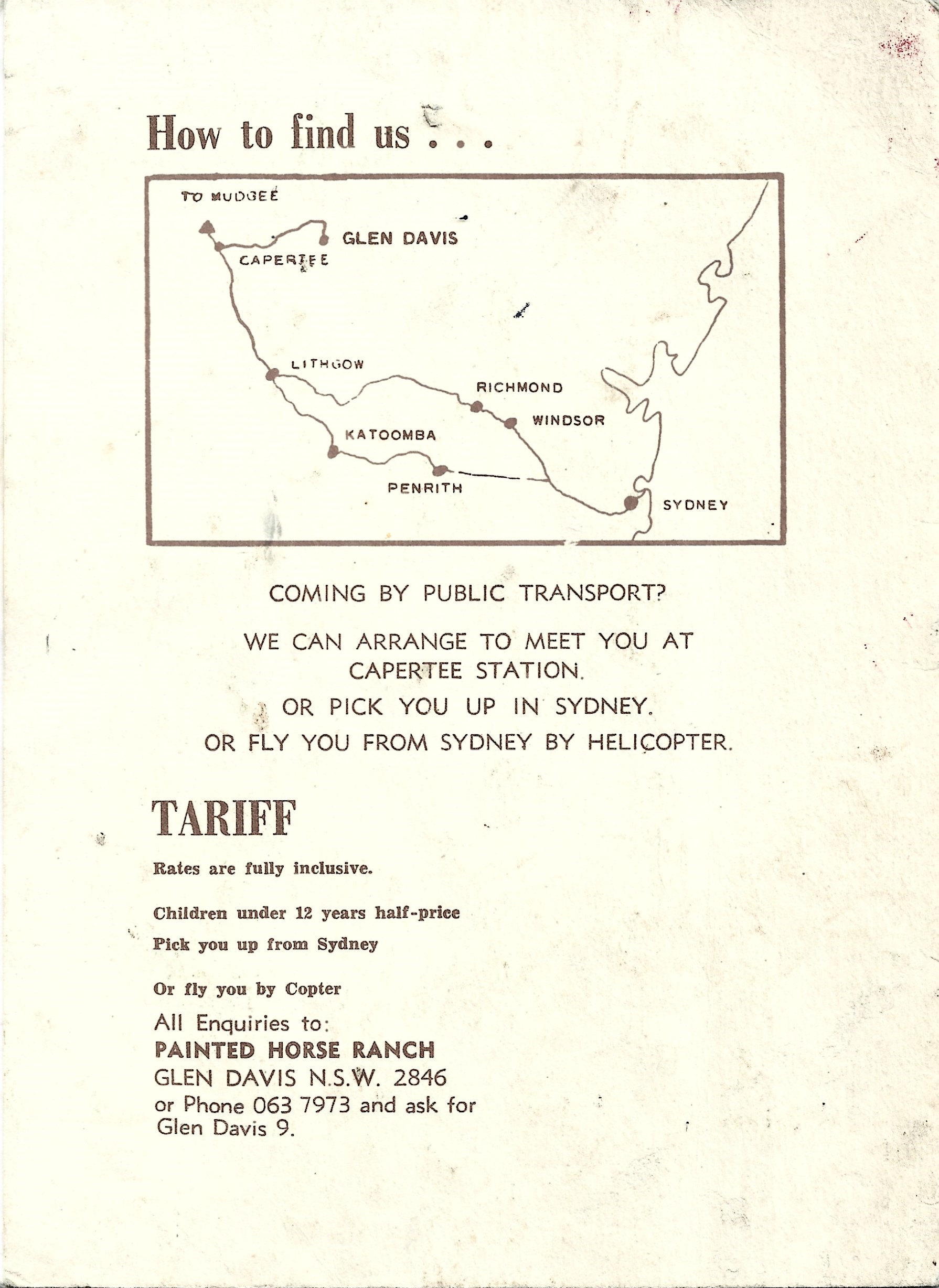 Back cover of Glen Davis History as set out in a Painted Horse Ranch publication. It talks the about how to find us, pick up options, tariffs and contact details.