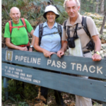 3 walkers from the Bush Explorers group behind the Pipeline track sign at Glen Davis NSW.