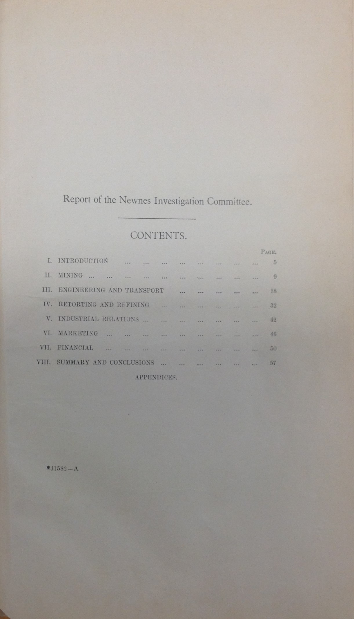 Typed contents page for The Newnes Investigation report the contents include Introduction, mining, Engineering and Transport, retorting and refining, Industrial relations, Marketing, Financial summary and conclusion. The letter is on normal white paper.